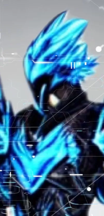 Futuristic warrior in blue armor on a digital background wallpaper.