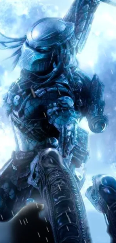 Futuristic armored warrior in blue tones.