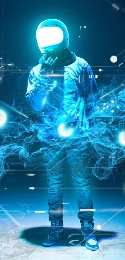 Astronaut with glowing blue orbs in a digital artwork, futuristic theme.