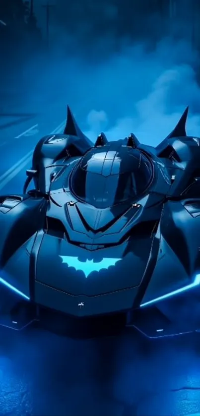 Futuristic blue Batmobile with neon lights on a dark night street.