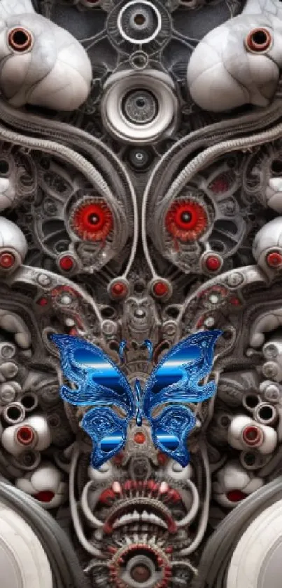 Futuristic wallpaper with blue butterfly art and intricate design.