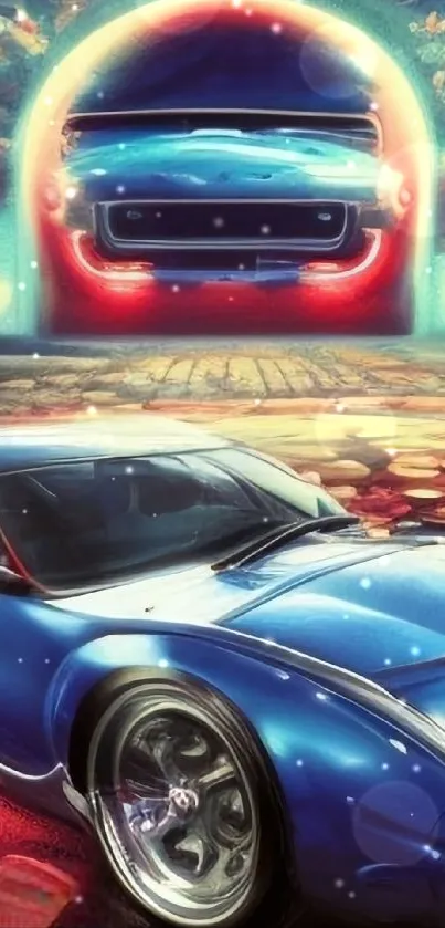 Futuristic blue sports car in a neon dreamscape background.