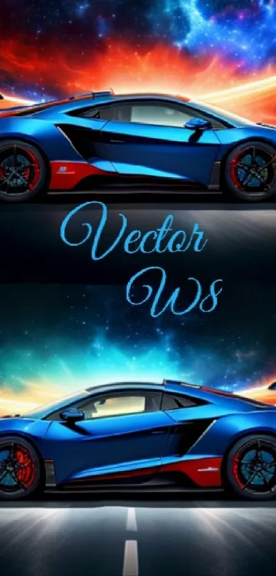 Futuristic blue sports car with vibrant cosmic background.