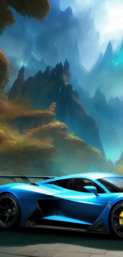 Futuristic blue car in a fantasy mountain landscape scene.