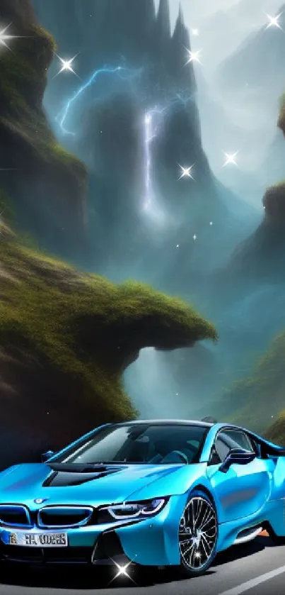 Futuristic blue car in a mystical valley with dramatic backdrop.