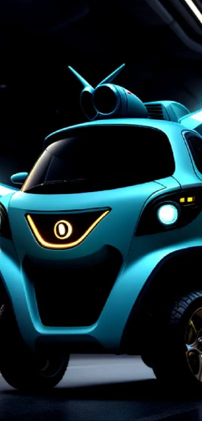 Futuristic blue car with glowing lights on dark background.