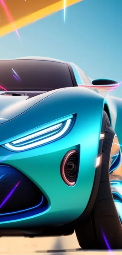 Futuristic blue sports car with dynamic visual effects.