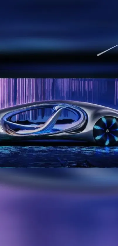 Futuristic blue car with neon lights on a dark background.