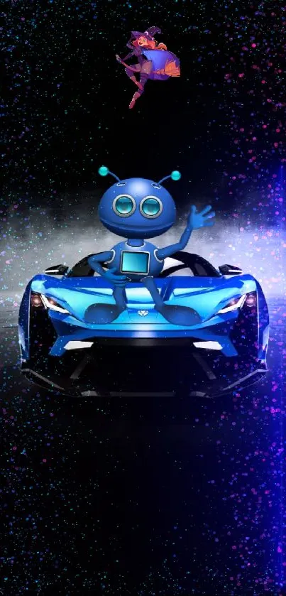 Blue sports car with robot on dark background wallpaper.