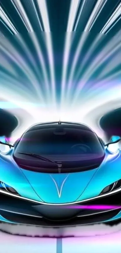 Futuristic blue car mobile wallpaper with vibrant visual effects.