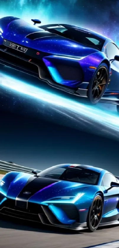 Futuristic blue sports car on cosmic background