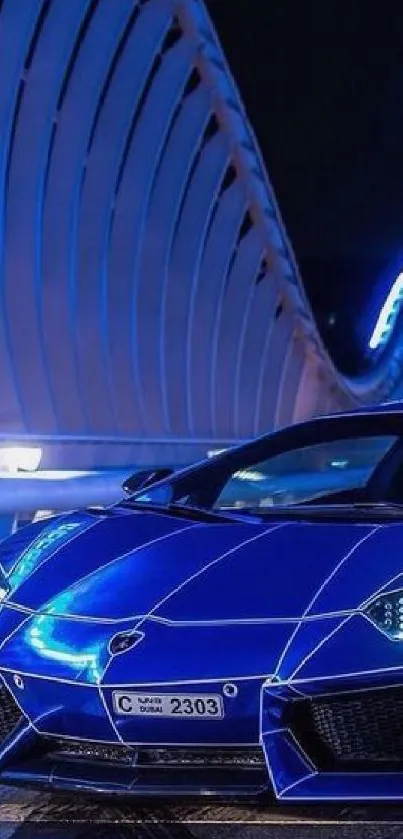 Futuristic blue car under urban night lights in high-resolution wallpaper.