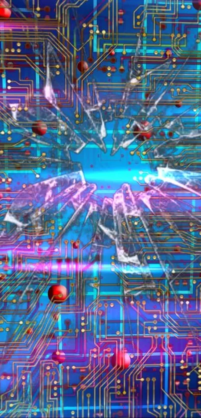 Futuristic blue circuit design with red nodes on a digital background.
