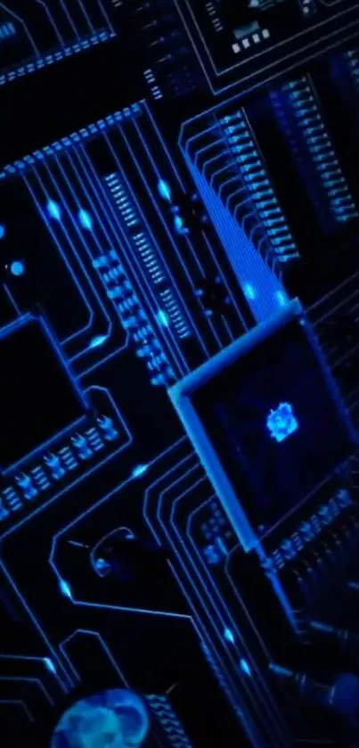 Futuristic blue circuit board wallpaper with neon glow.