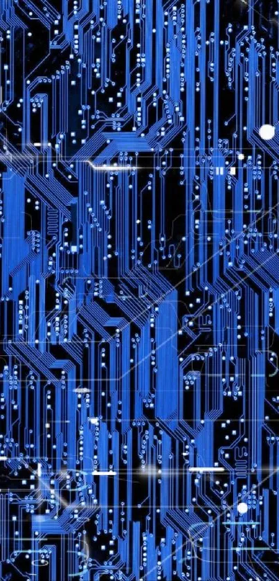 Futuristic blue circuit board wallpaper with intricate digital patterns.