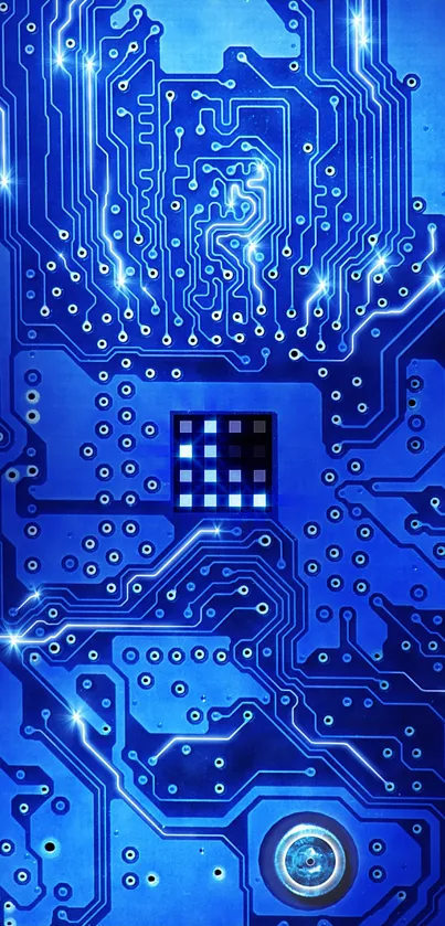 Futuristic blue circuit board wallpaper with intricate technology design.