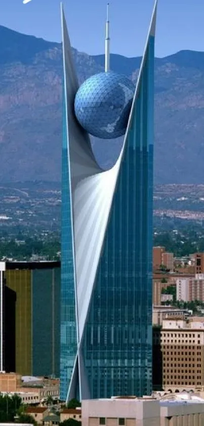 Futuristic skyscraper against mountains and cityscape background.