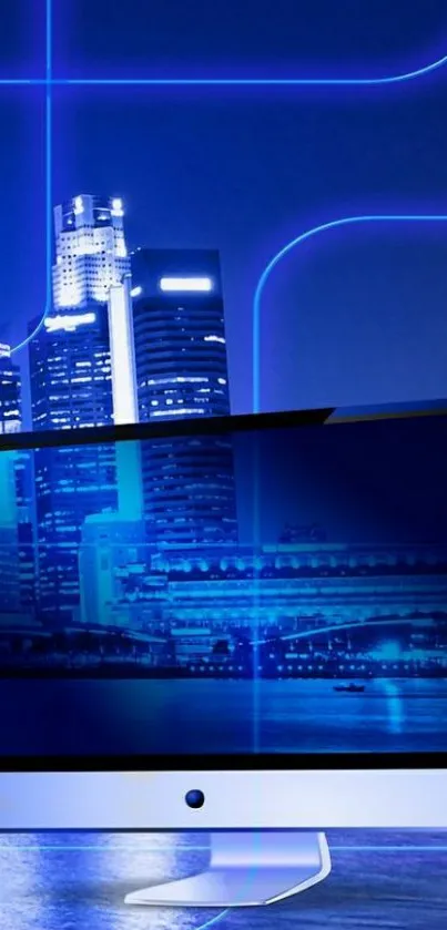 Futuristic blue cityscape with computer screen.