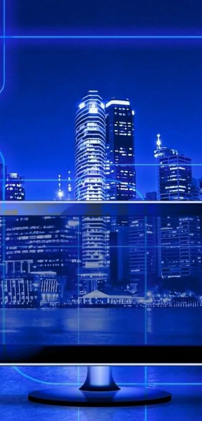 Futuristic blue cityscape with a digital display.