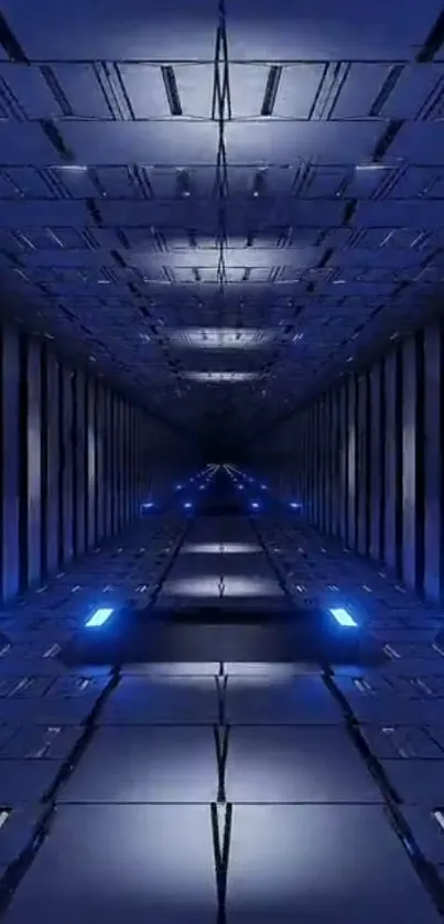 Futuristic blue corridor with glowing lights.