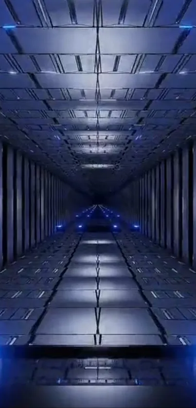 Futuristic blue corridor with sleek modern design and deep hue.