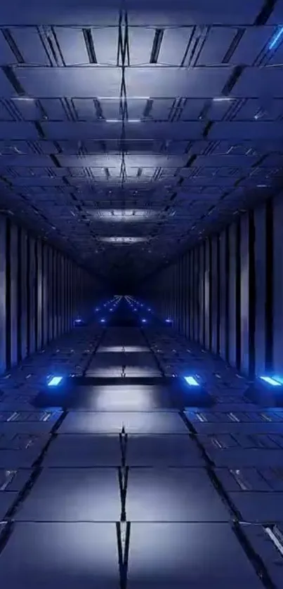 Futuristic blue corridor with glowing lights in a digital design.