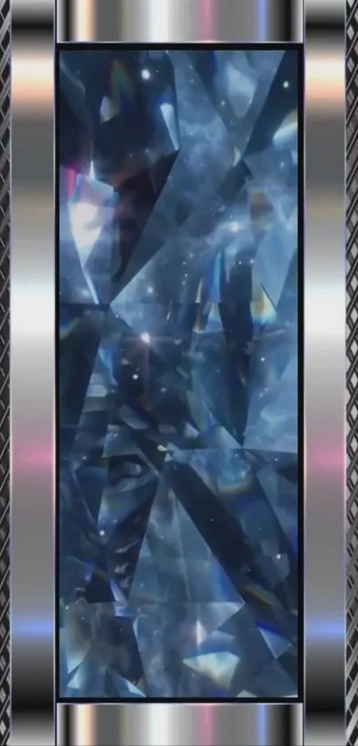 Futuristic blue crystal surrounded by metallic textures.