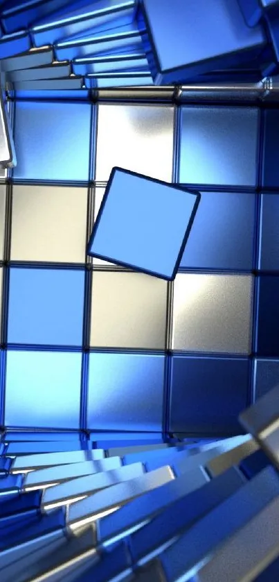 3D blue cubes with metallic reflections creating a futuristic design.