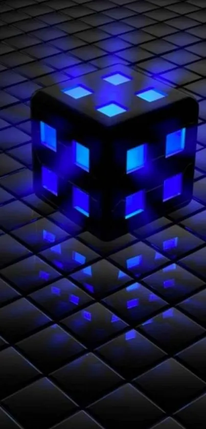 Futuristic glowing blue cube on black grid background.