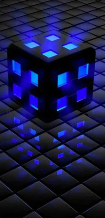 Glowing blue cube on dark geometric tiled background.