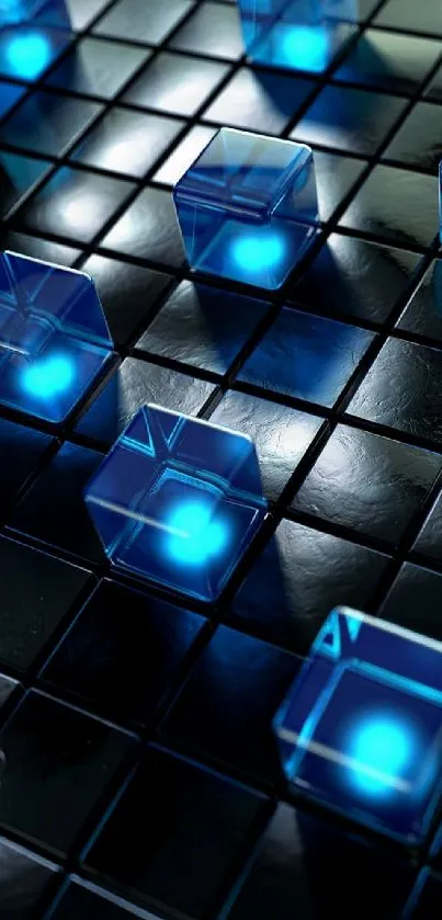 Futuristic blue cubes on dark grid wallpaper.