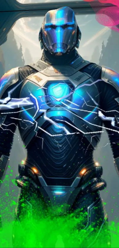 Futuristic blue cybernetic warrior with electric effects on a sci-fi landscape.