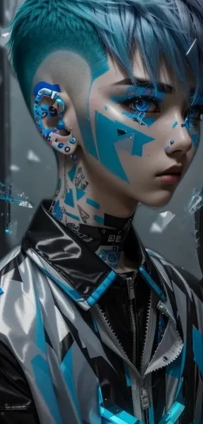 Futuristic cyberpunk character in blue tones with geometric patterns.