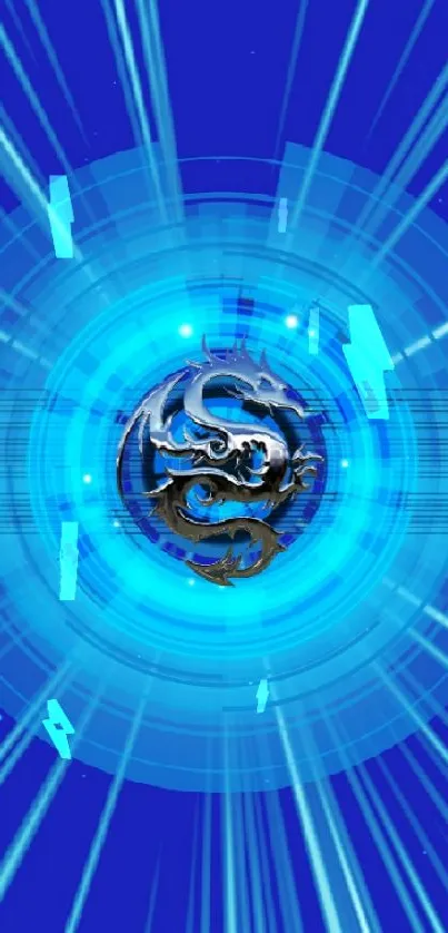 Futuristic blue digital art with radial symmetry and neon accents.