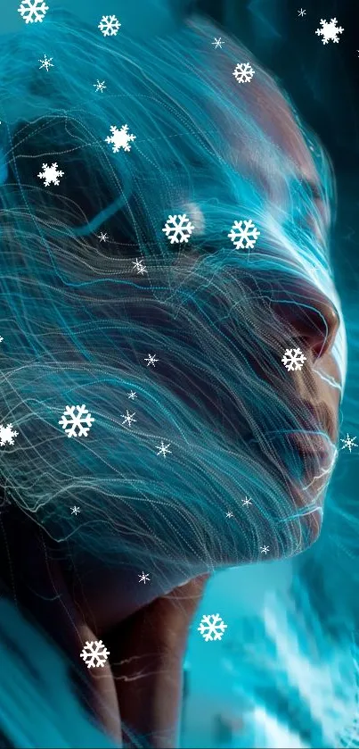 Futuristic digital art with blue hues and snowflakes for mobile wallpaper.