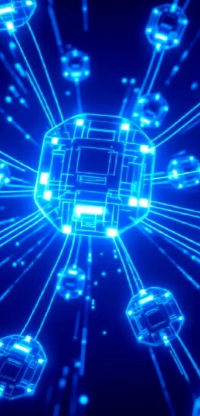 Futuristic blue digital network with glowing geometric designs.