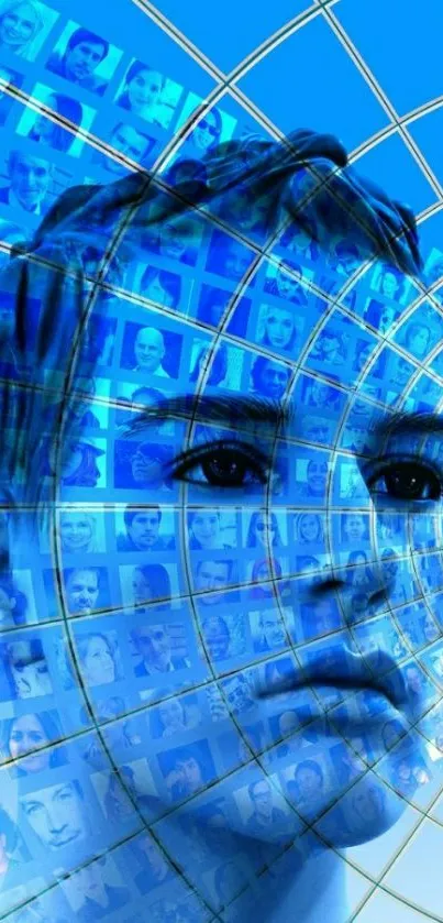 Futuristic digital portrait with blue hues and interconnected faces.