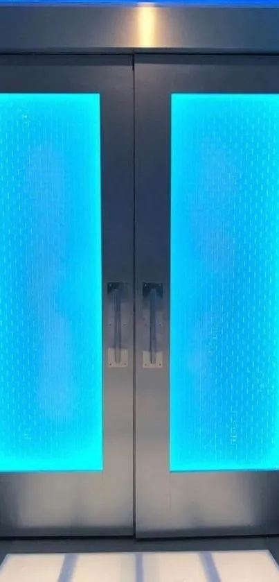 Futuristic blue doors with glowing lights wallpaper.