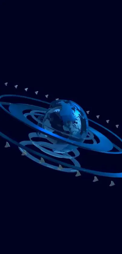 Futuristic blue Earth with circular pattern on a dark background.