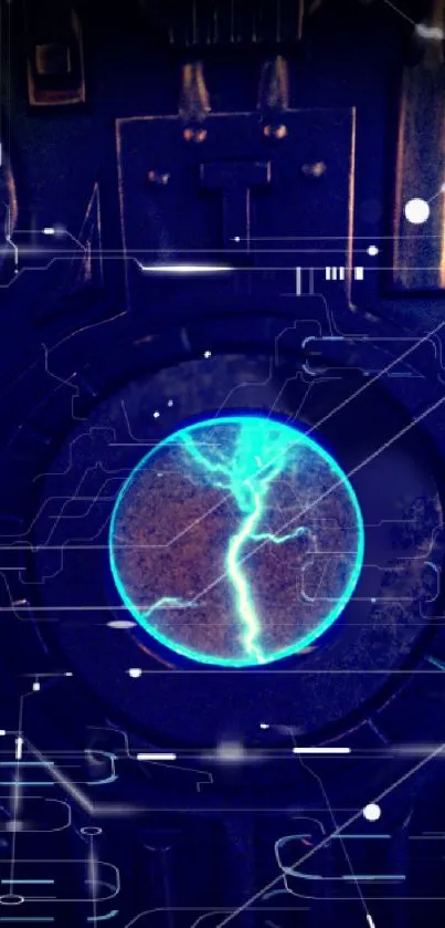 Futuristic blue electric orb wallpaper with dark high-tech design.