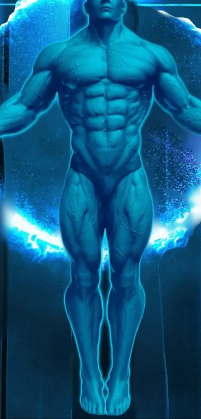 Futuristic blue energy figure with a muscular pose and glowing aura.