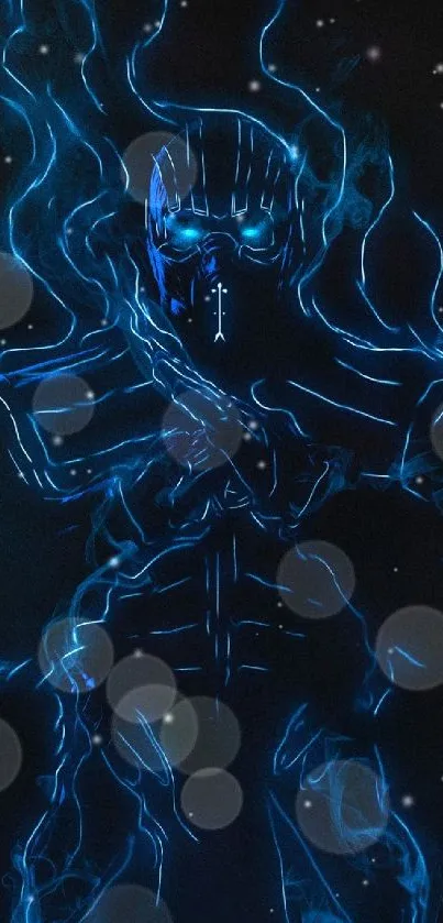 Futuristic warrior with blue electric energy lines on a dark background.