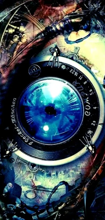 Futuristic steampunk clock with blue eye design.