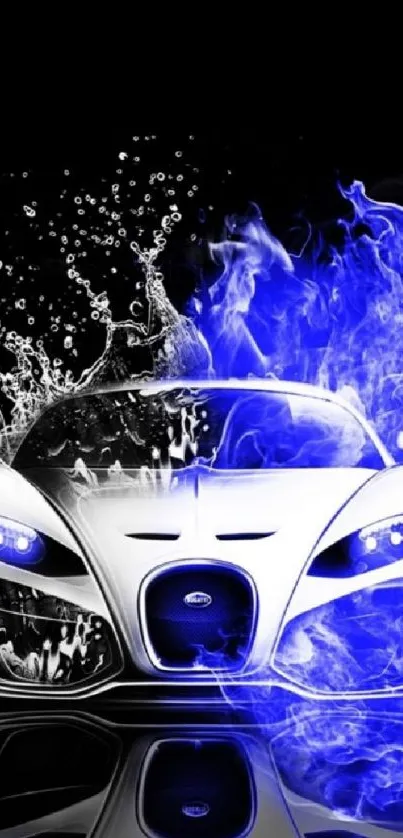 White sports car with blue flames on black background.