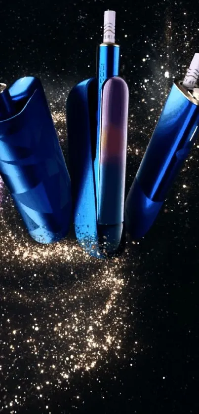 Blue vaping devices against starry galaxy background.