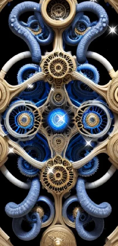 Futuristic blue gear artwork with ornate design on mobile wallpaper.