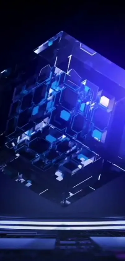 Futuristic blue cube with geometric design on a dark background.