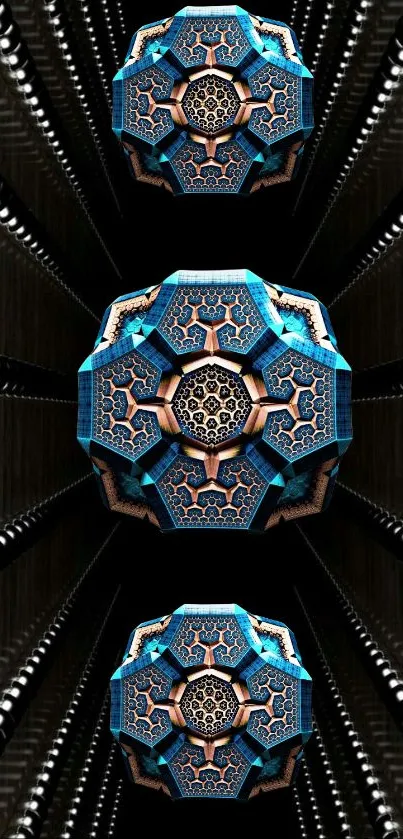 Futuristic geometric blue shapes with metallic accents on a dark background.