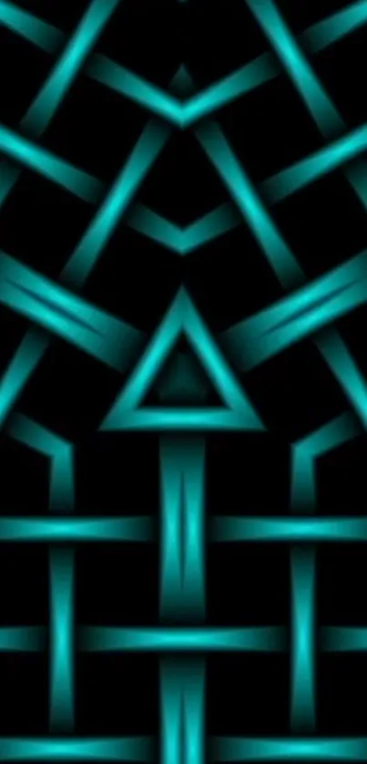 Futuristic geometric blue pattern wallpaper on black backdrop.