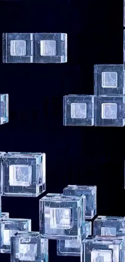 Floating translucent glass cubes against a dark background.